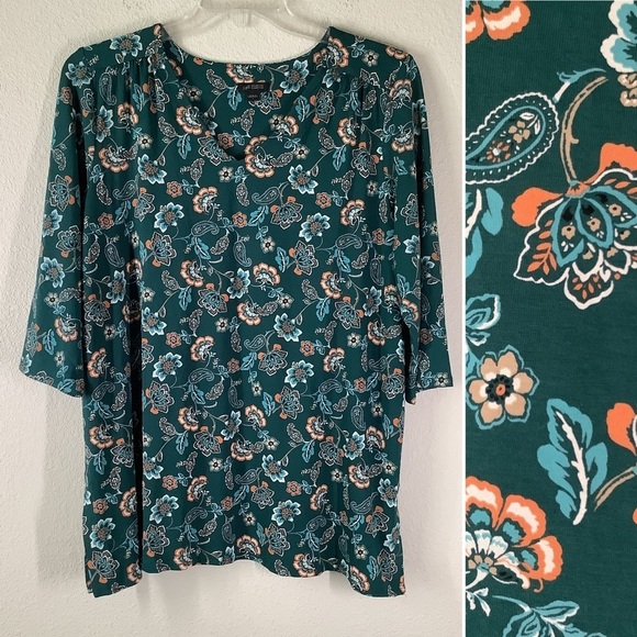 J JILL Wearever Jersey Knit Tunic Dark Green Floral Top 3/4 Sleeve Travel Work L - Picture 11 of 16